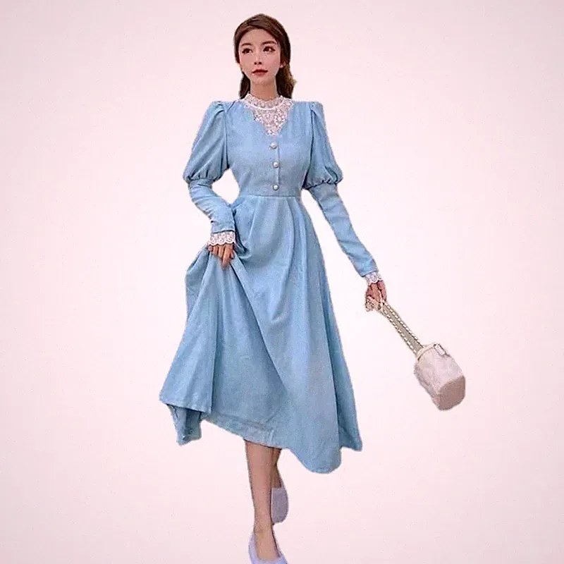 Damen Kord Midi Kleid Spitze Splice Quaste Langärmlig Big Swing A-Linie Princess