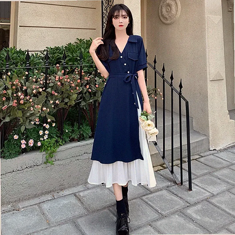 Damen Kurzärmlig Chiffon Hemd Plissiertes Kleid Patchwork mit Gürtel V Hals Mode