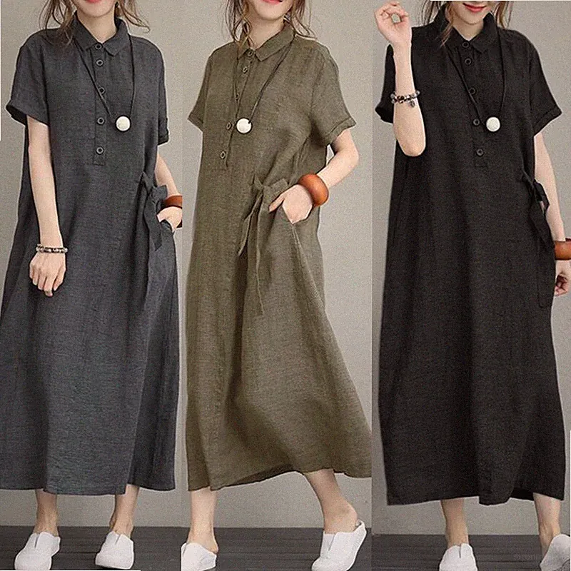 Damen Kurzärmlig Freizeitkleid Solid Knopf Locker Vintage Style Täglich Sommer