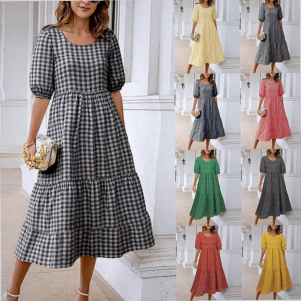 Damen Kurzarm Drucken Midikleid Freizeitkleid A-Linie Sommerkleid Urlaubkleid DE