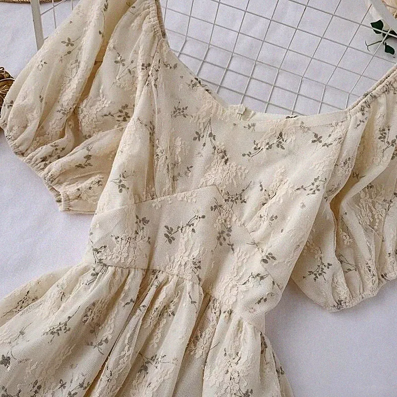 Damen Kurzarm Puffärmel Kleid Floral Spitze Mesh Rüschen A-Linie Retro Sommer