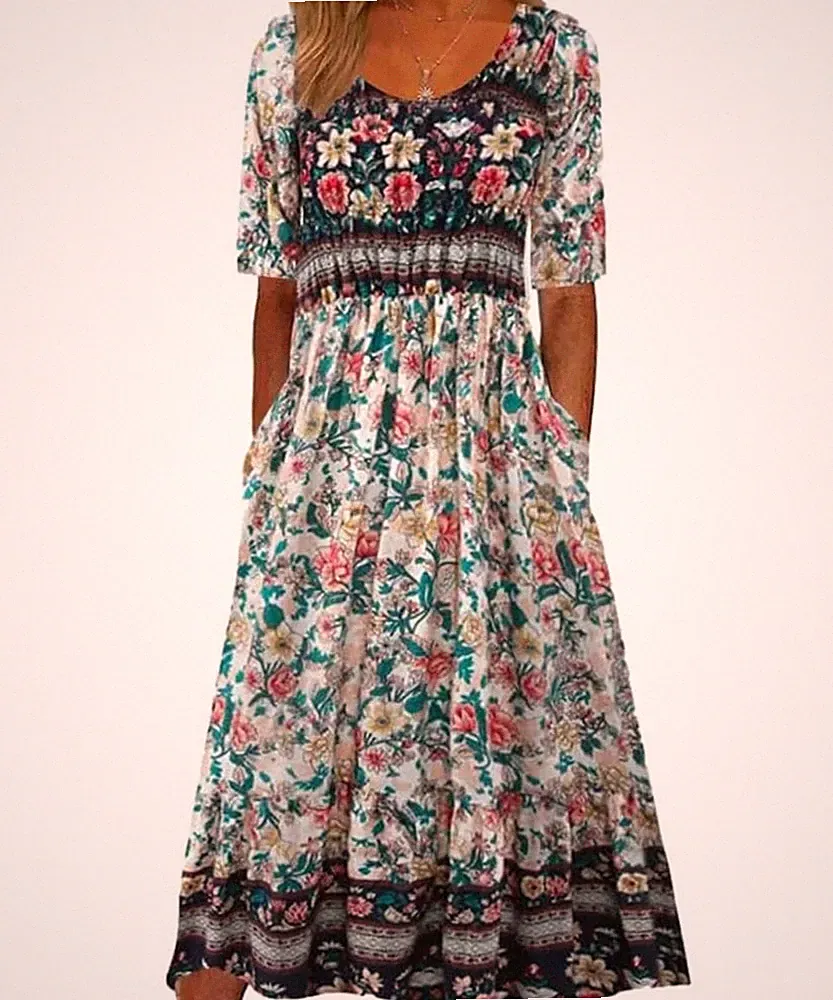 Damen Kurzarm Rundhals Sommerkleid Boho Blumendruck ALinie Kleid Lose Midikle...