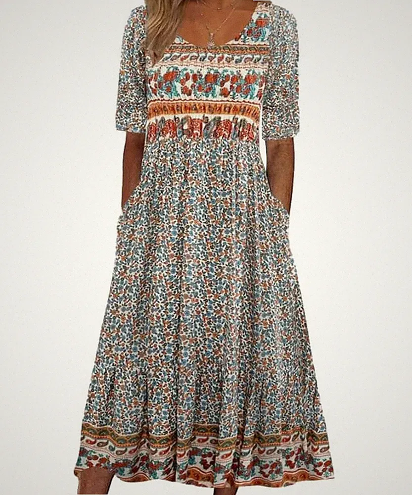 Damen Kurzarm Rundhals Sommerkleid Boho Blumendruck ALinie Kleid Lose Midikle...