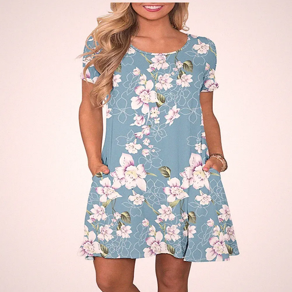 Damen Kurzarm Sommerkleid Freizeit Kleid mit Taschen