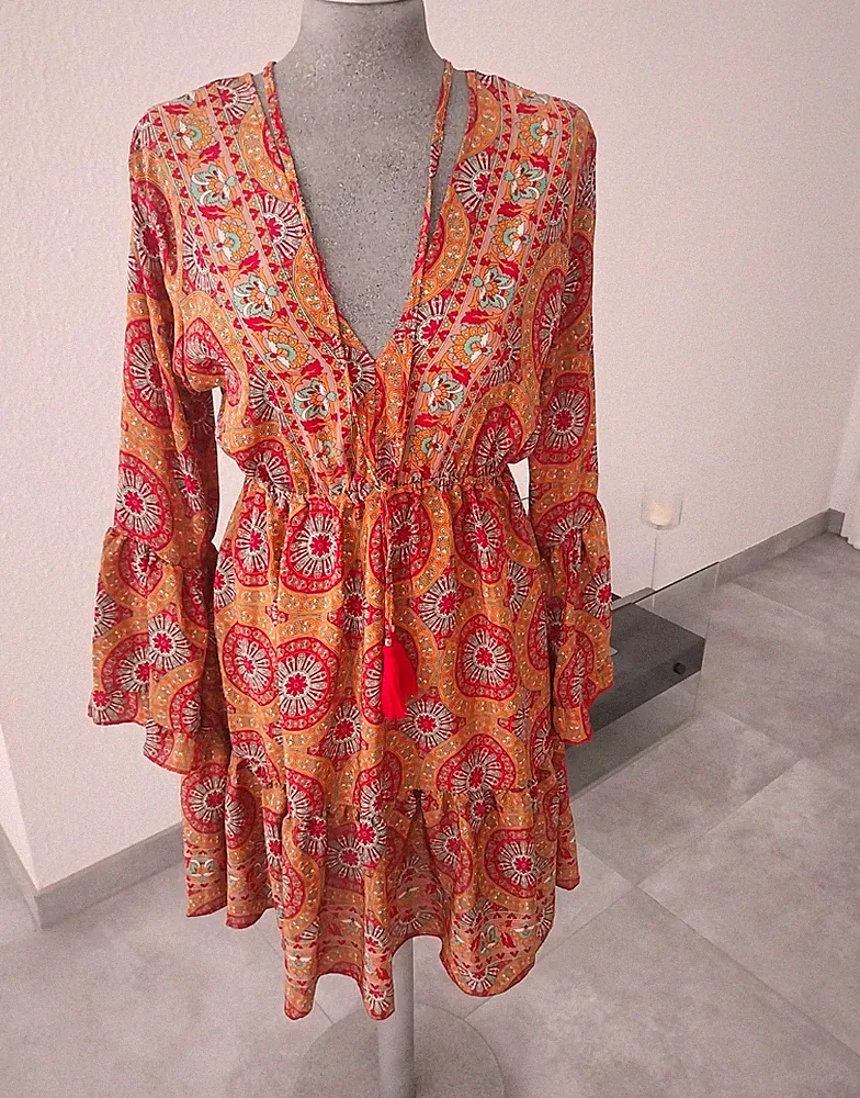 Damen Kurzkleid A-Linie Paisley V-Ausschnitt Langarm Rüsche Polyester M