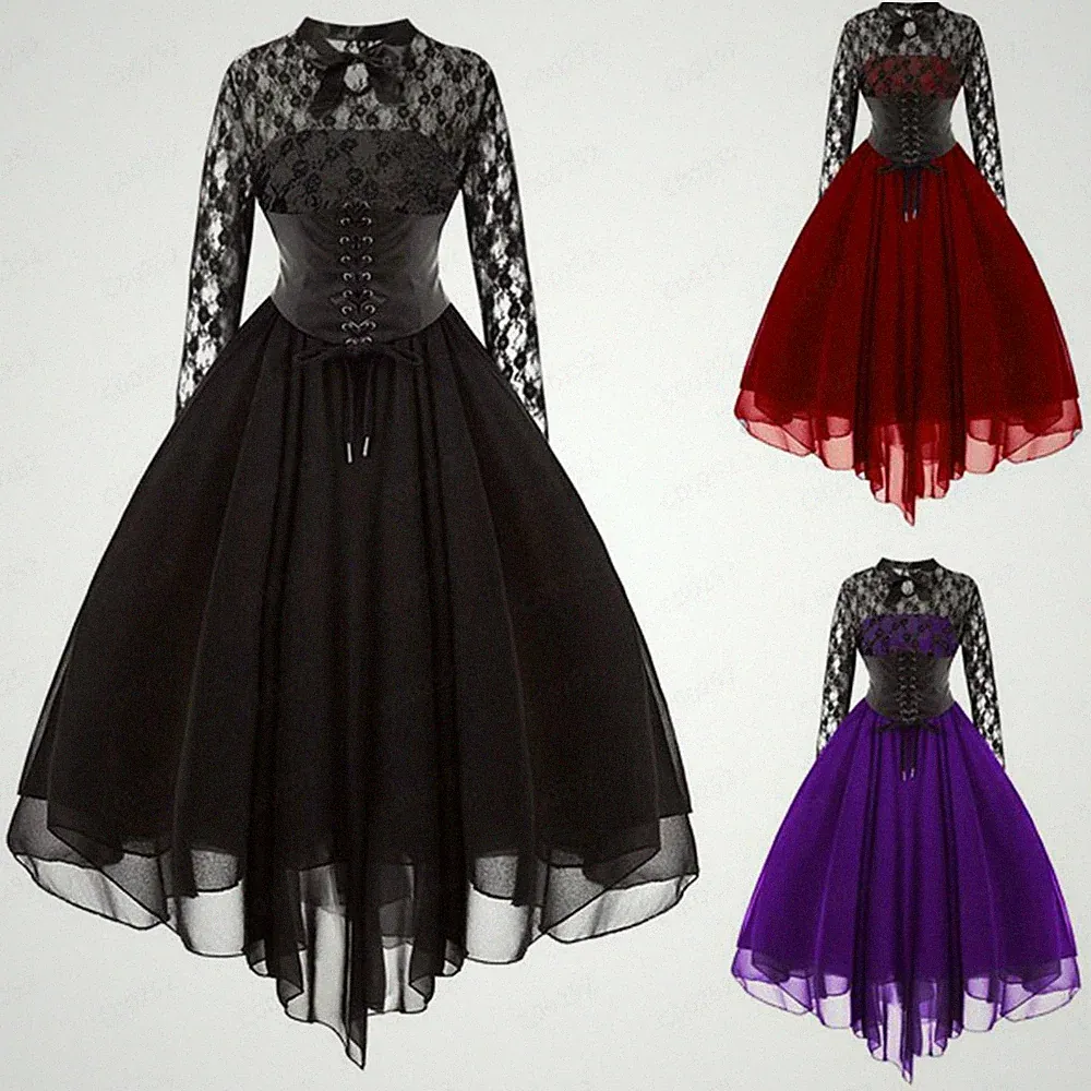 Damen Lace Punk Gothic Halloween Cosplay Kostüm Hexe Vampir Partykleid Schwarz M