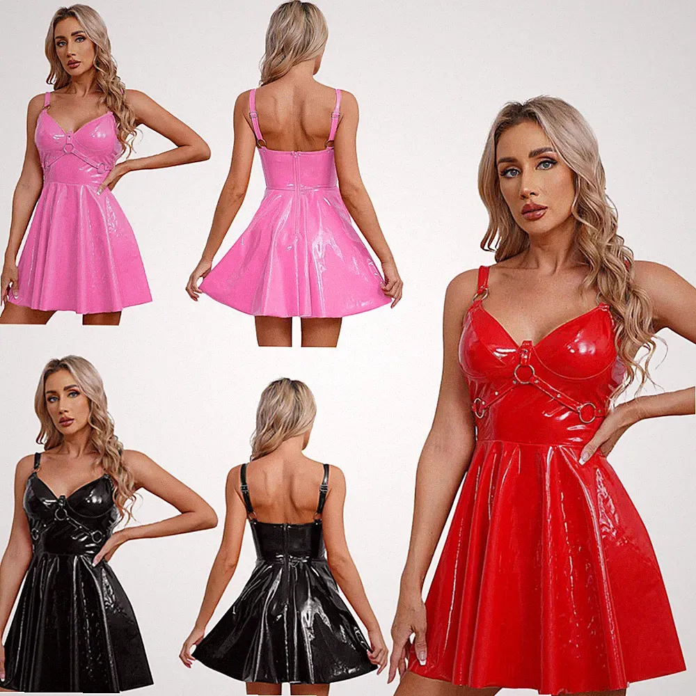Damen Lack Leder A-Linie Sexy Kleid Wetlook Skater Minikleid Partykleid Clubwear