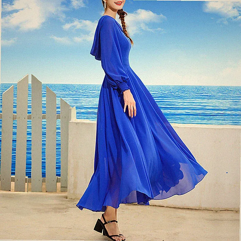 Damen Langarm A-Linie Swing Kleid V-Ausschnitt Puff Kapuze Sommer Strand
