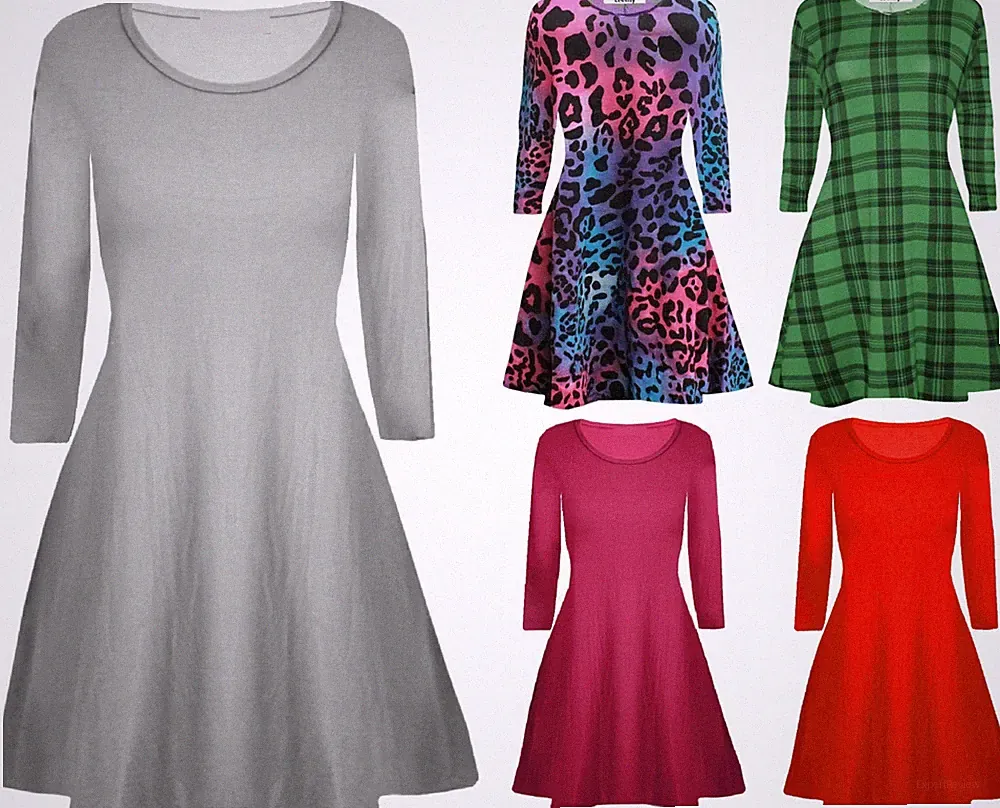 Damen Langarm Druck Schaukelkleid ausgestellt A Line Skater Kleid Oberteil Größe 8-26