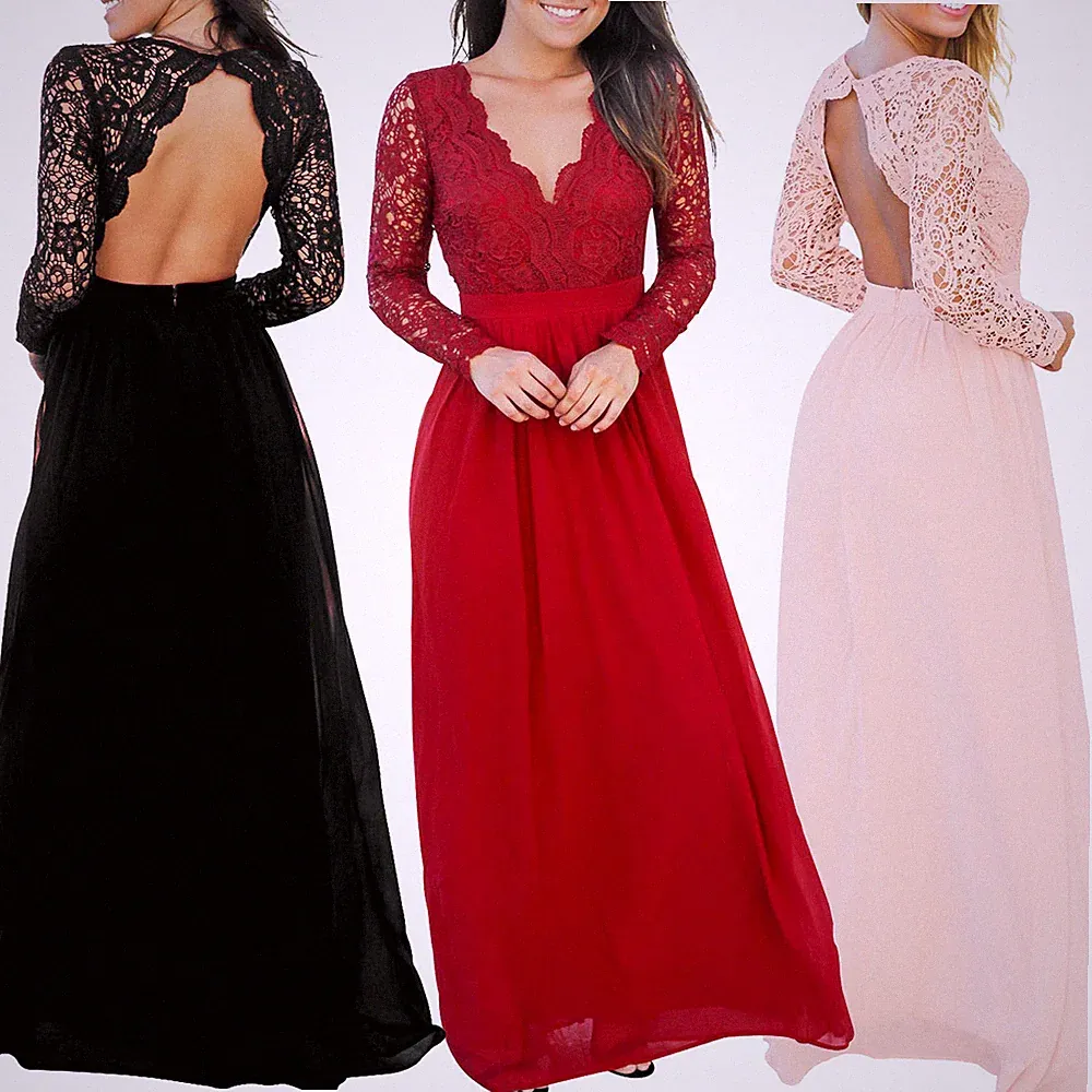 Damen Langes Kleid Kleid SPITZE Rückenfrei Festlich Elegant Neu DL-2148