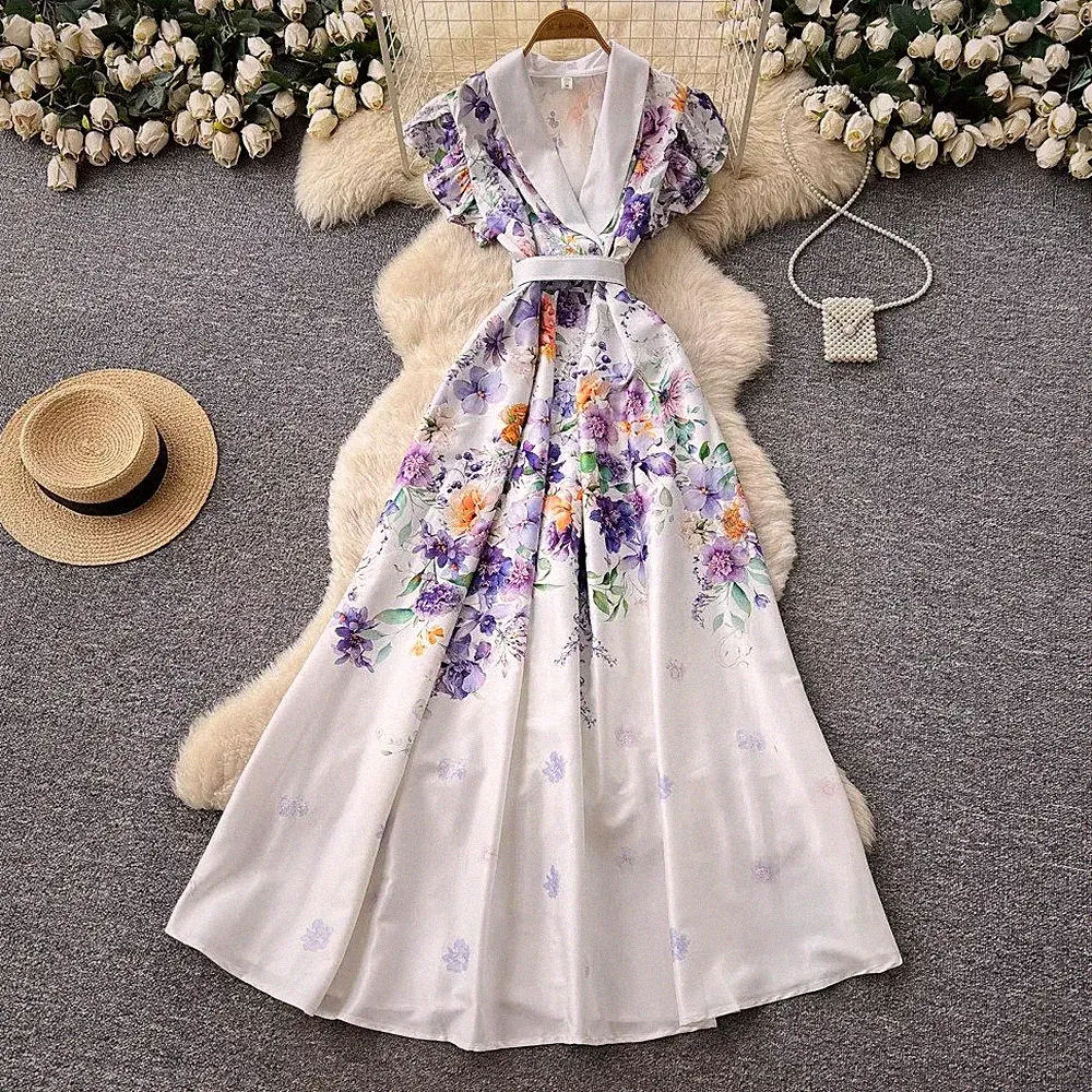 Damen Langes Kleid Lila Muster Festliche Linie Sommer Gürtel CF67932