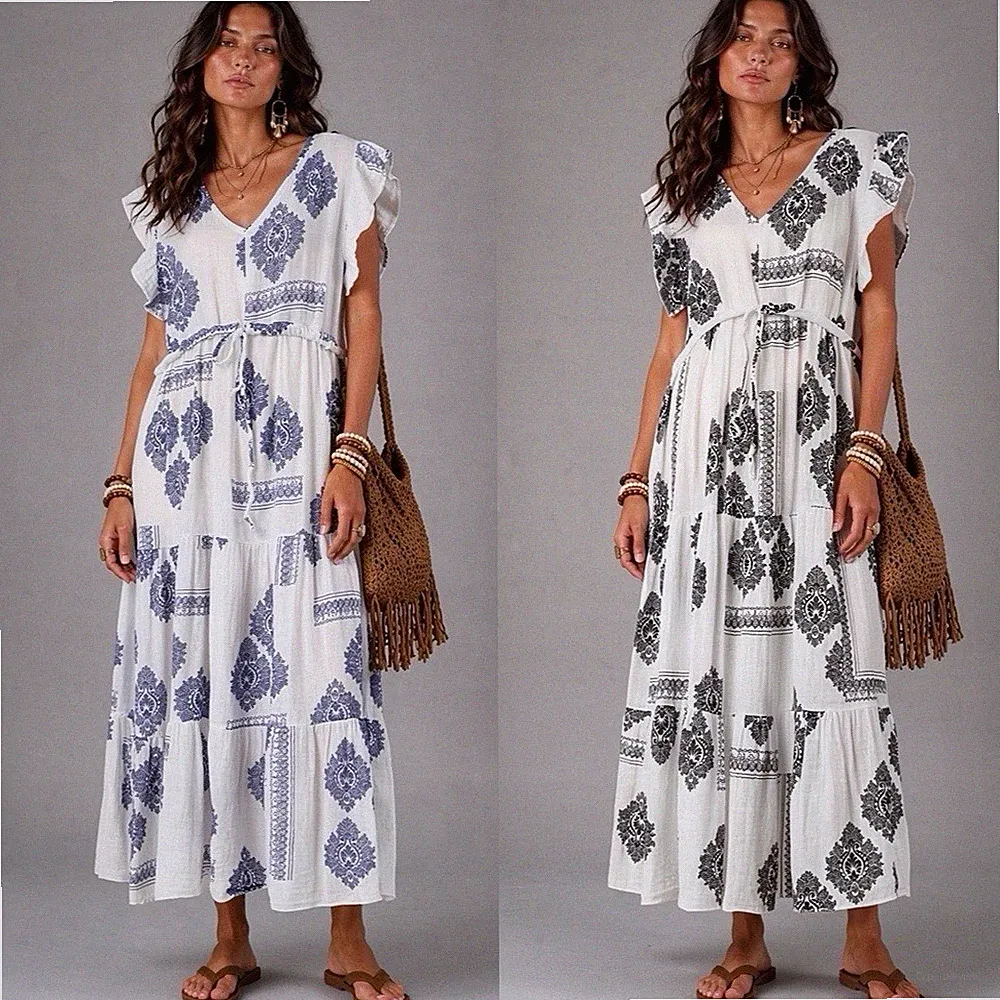 Damen Langes Kleid maxi Blau weiß schwarz 36 38 40 Musselin Boho Hippie
