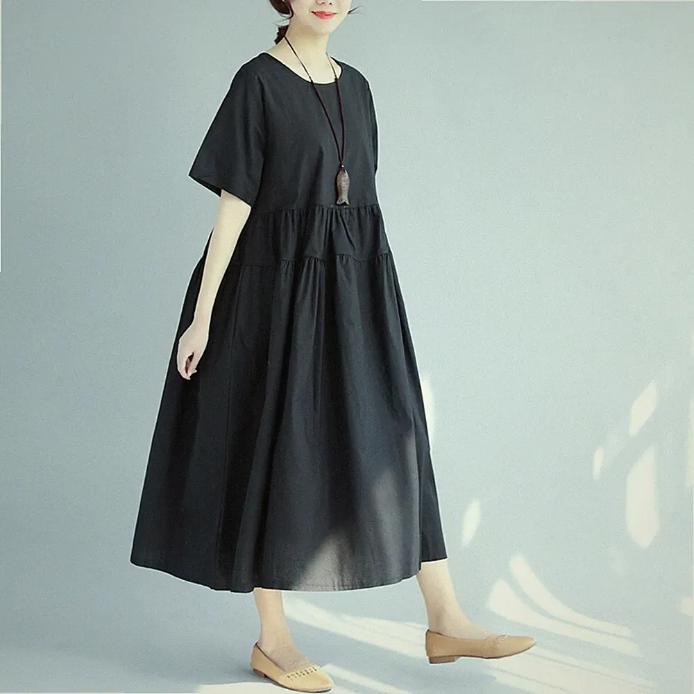 Damen Leinen Kurzarm Carmenausschnitt Lose Kleid Hohe Taille Schwarz