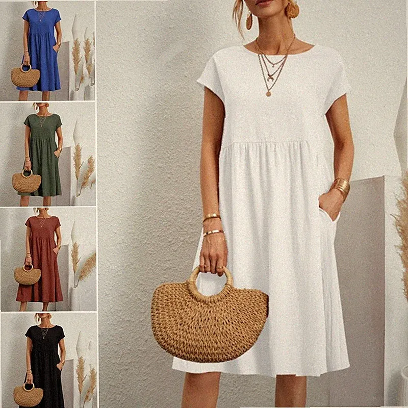 Damen Leinen Maxikleid mit Kurzarm, Einfarbiges Sommer Casual Kleid