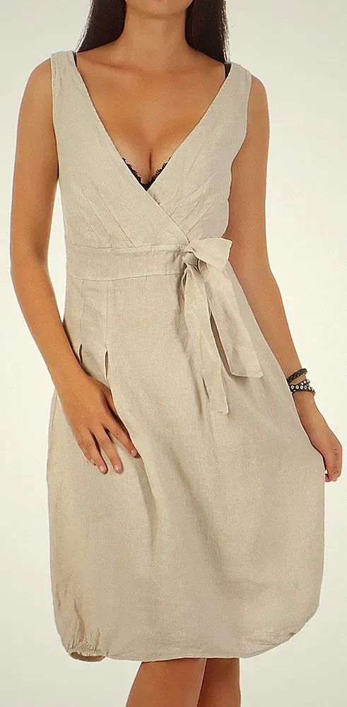 Damen Leinenkleid Sommerkleid Cocktailkleid A-Linie leicht 8147