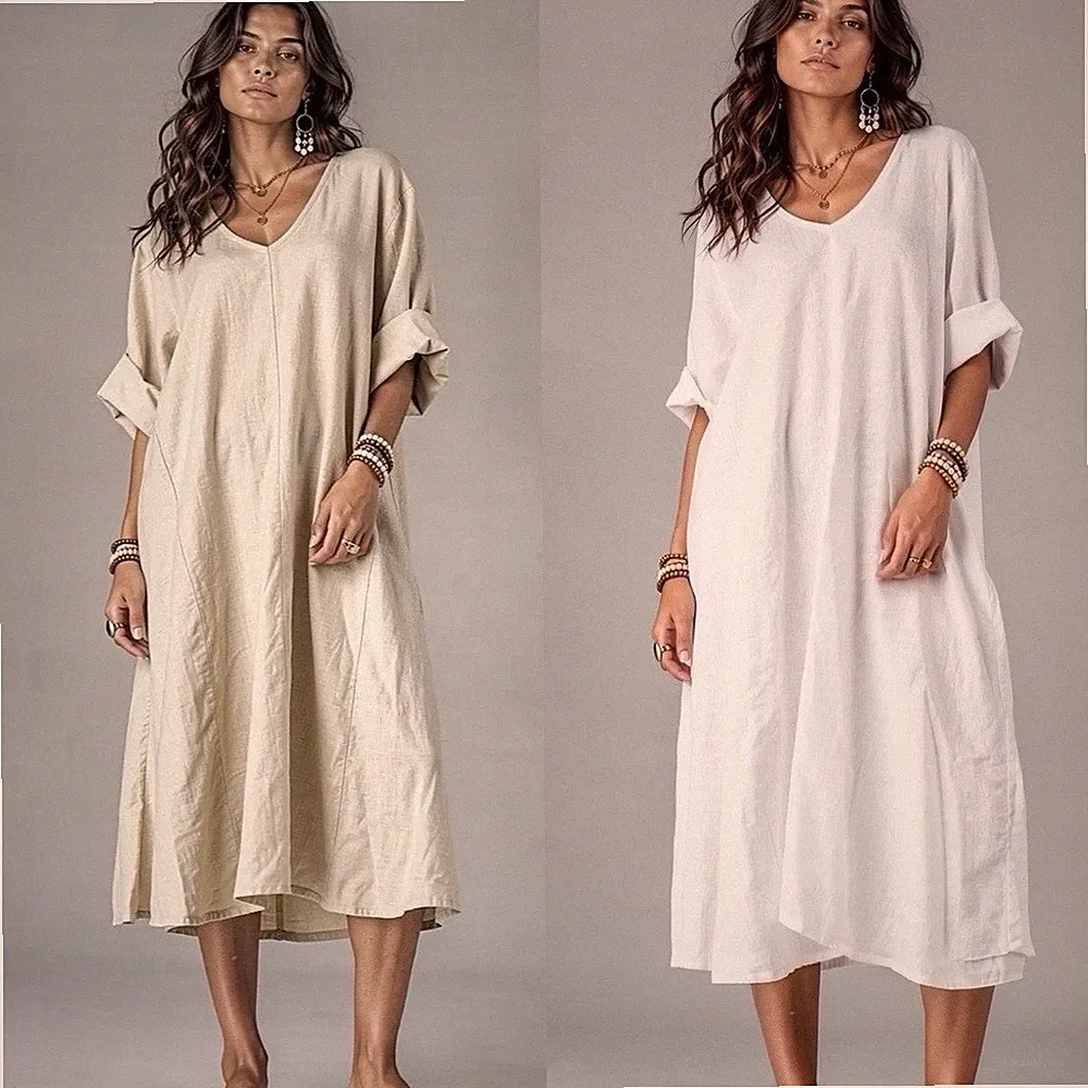 Damen Leinenkleid Weiß Beige V-Ausschnitt Boho Oversize 100% Leinen 38-44