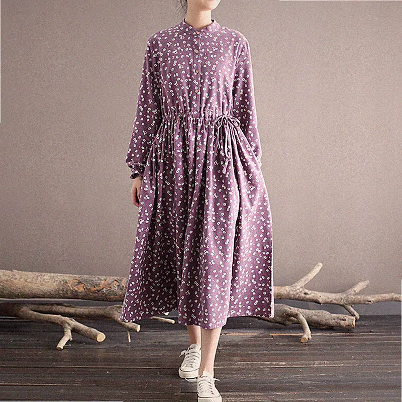 Damen Lila Langarm Blumen Kleid Mit Kordelzug Elastischem Bund Halb Knopf