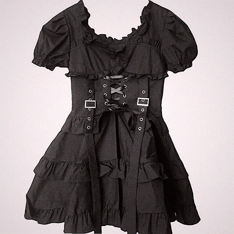 Damen Mädchen Kleid Lolita Rüschen Schnürer Eckiger Ausschnitt Retro Gothic Punk