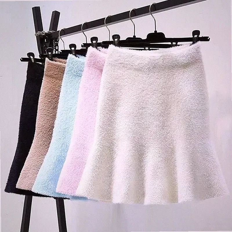 Damen Mädchen Kunstfell Rock Kurz A-Linie Rock Hohe Taille Minirock Plissee