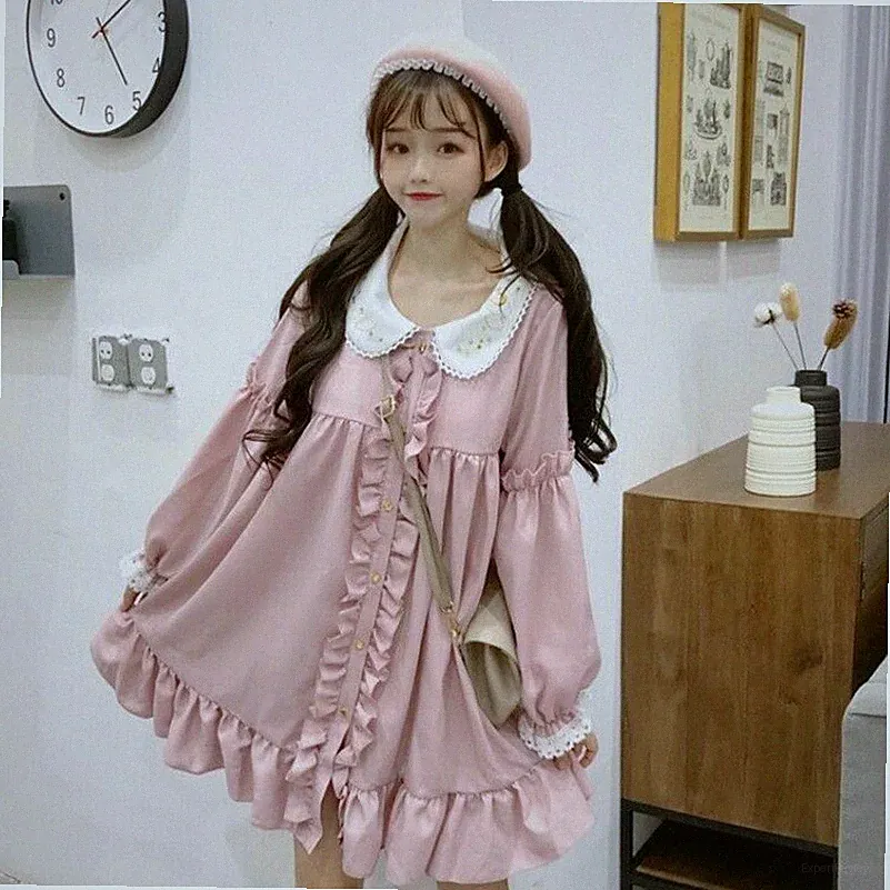 Damen Mädchen Lolita Japanisch Kleid Vintage Bestickt Ruffles Spitze Quaste