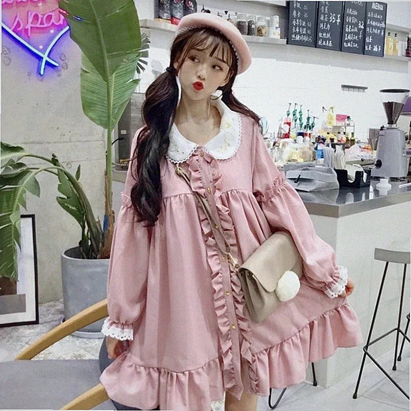 Damen Mädchen Lolita Japanisch Kleid Vintage Stickerei Ruffles Spitze Puff