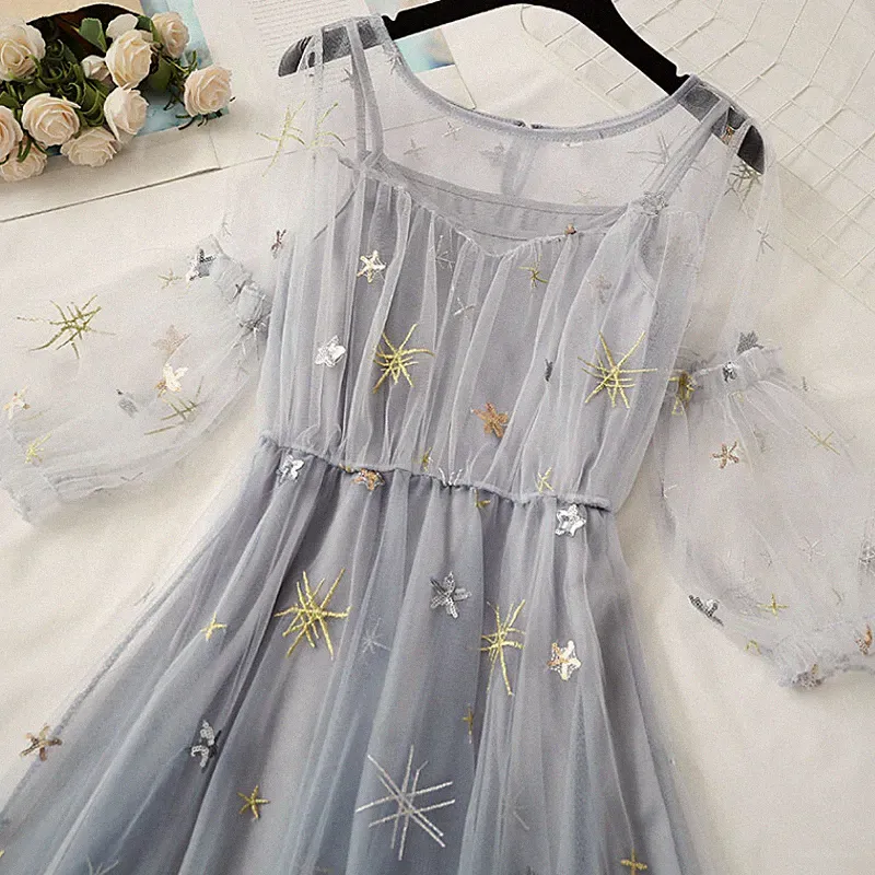 Damen Mädchen Midi Mesh Kleid Puffärmel Stern Pailletten Rüschen Vintage