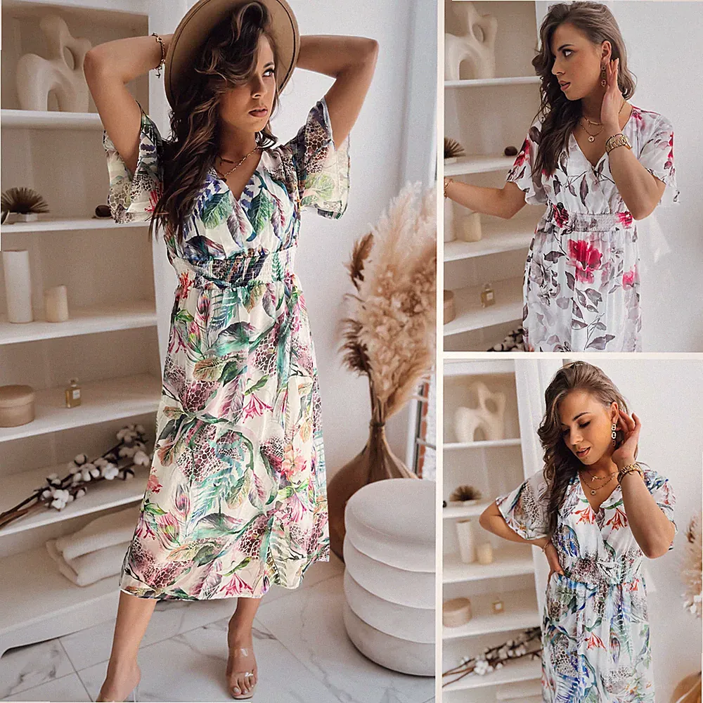 Damen Maxi Kleid Lang Gemustert Damenkleid V-Ausschnitt Rüschen Kurzarm DSTREET