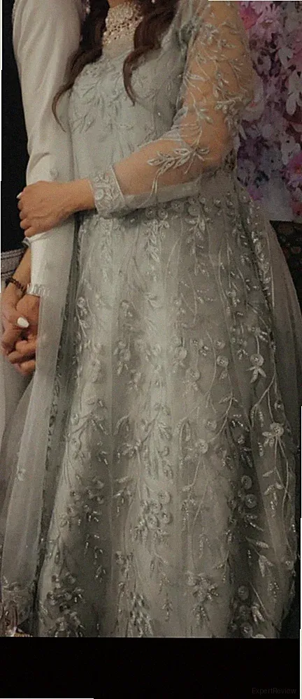 Damen Maxikleid A-Linie grün Blumen bestickt eckiger Ausschnitt Langarm Gr. 38