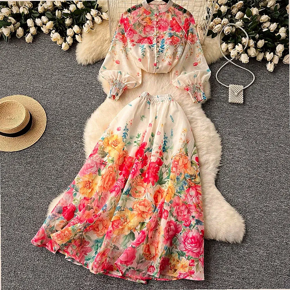 Damen Maxikleid A-Linie S Mehrfarbig Blumen Rundhals Langarm Gürtel Rüschen