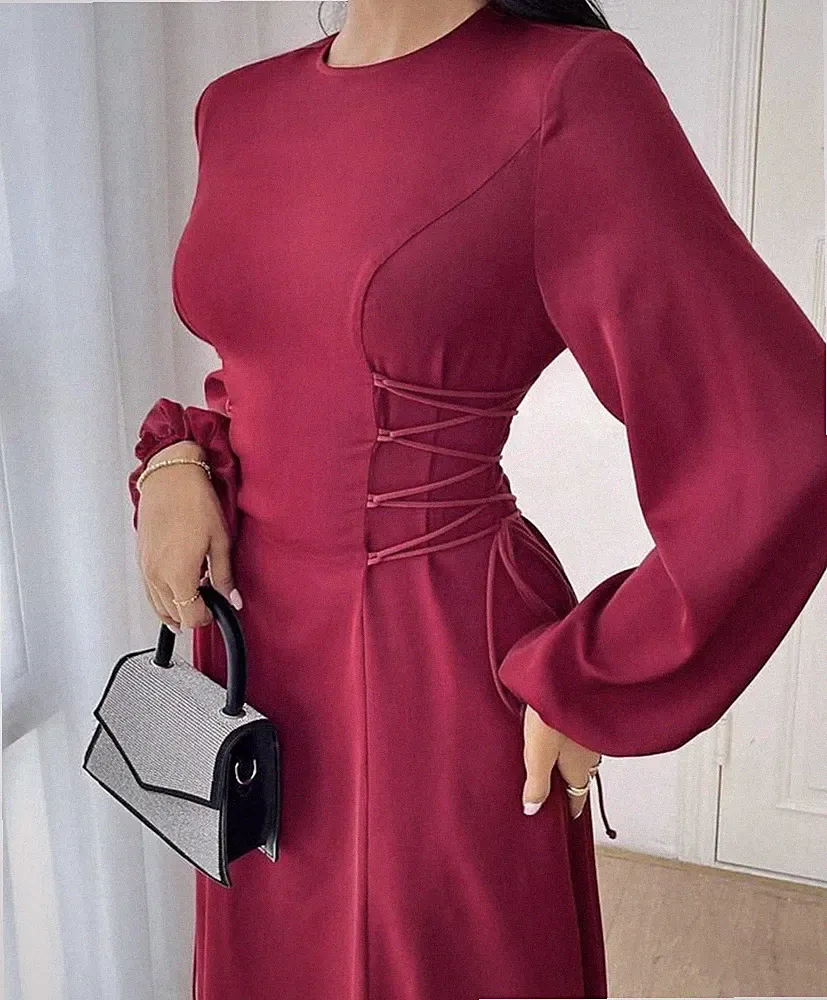 Damen Maxikleid lang A-Linie bordeauxrot Rundhals Ballonärmel Schnürung Gr. L
