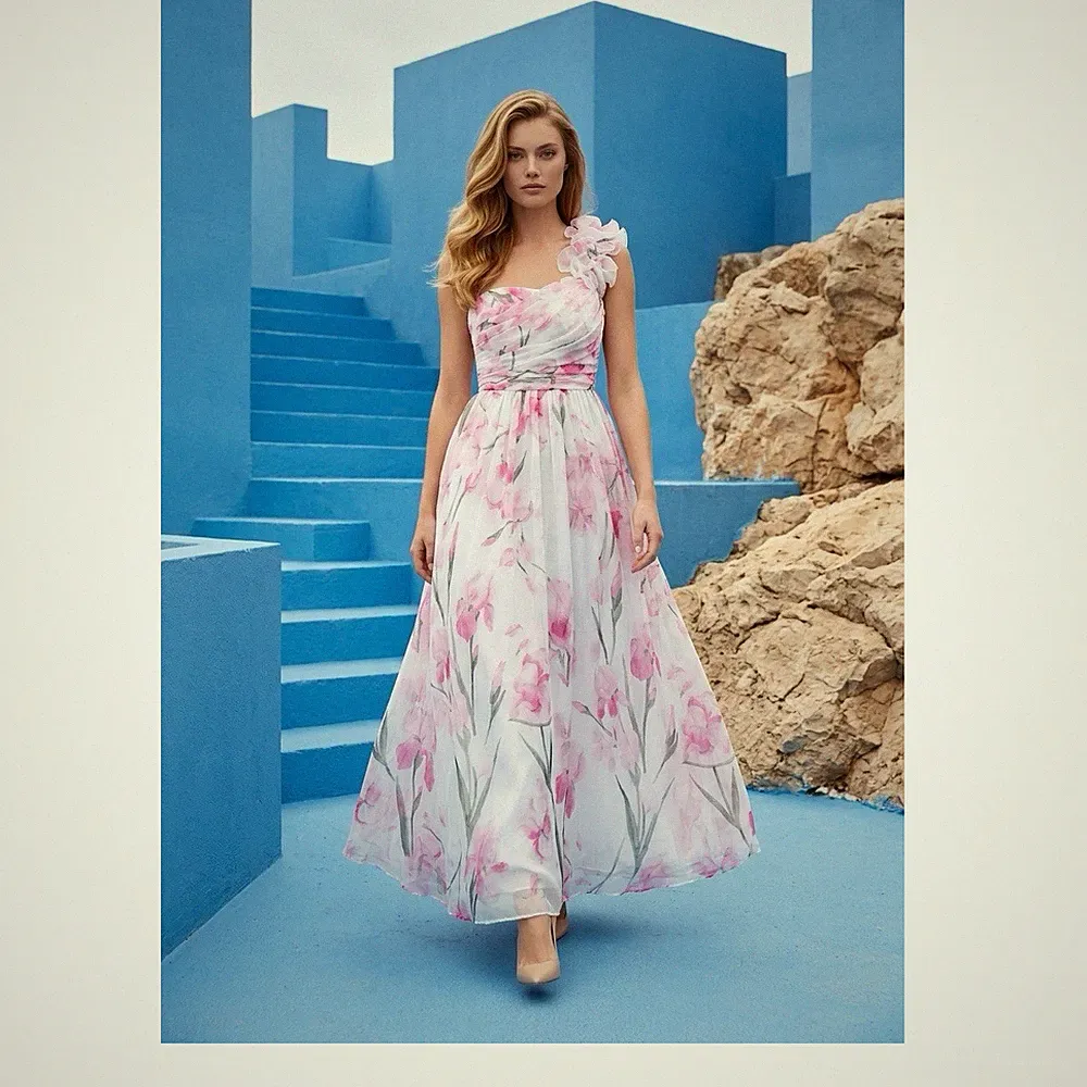 Damen Maxikleid lang A-Linie One-Shoulder asymmetrisch Blumen mehrfarbig M
