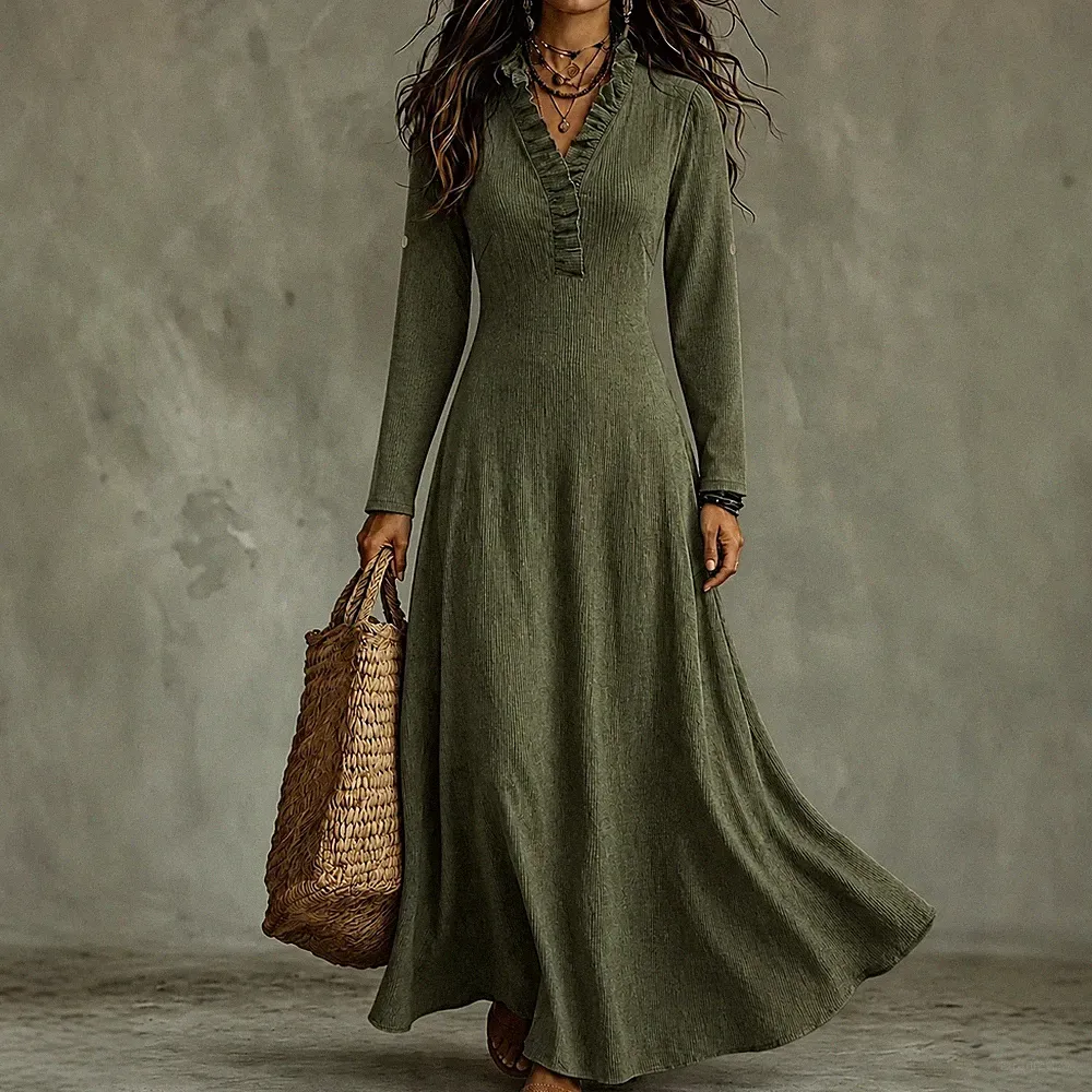 Damen Maxikleid mit V-Ausschnitt Umrollbare Ärmel Rückenknoten A-Linien Kleid
