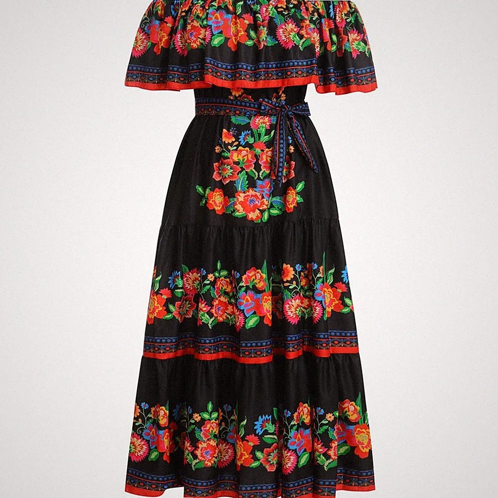 Damen Maxikleid Sommer Blumen Off-Shoulder A-Linie Schwarz Rot Größe M
