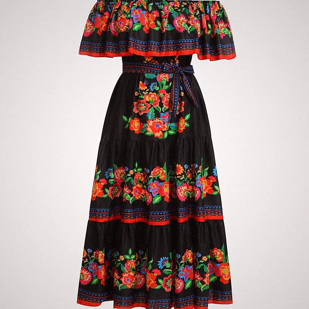 Damen Maxikleid Sommer Off-Shoulder Blumen A-Linie Rot Schwarz Größe 3XL