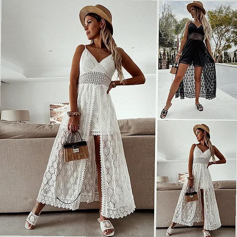 Damen Maxikleid Sommerkleid Lang Strandkleid Spitze V-Neck Schmale Träger Boho