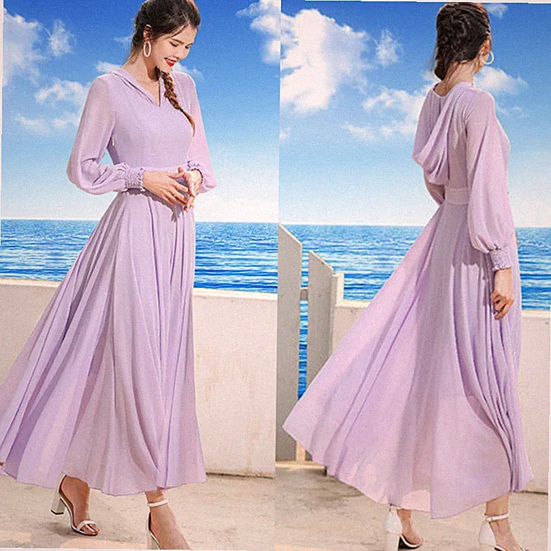 Damen Maxikleid V-Ausschnitt Swing Puff Ärmeln Kapuze Strand Sommer Langarm