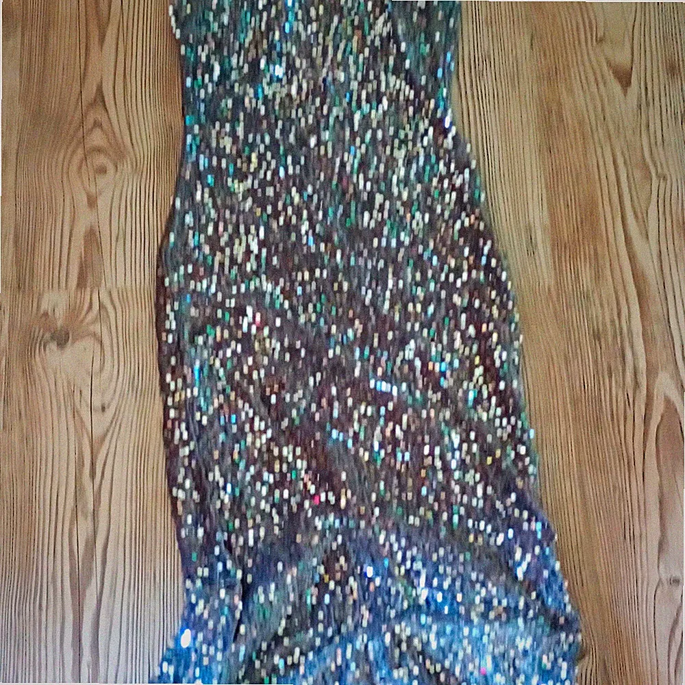 Damen Meerjungfrau Abendkleid lang Pailletten Glitzer Rundhals Kurzarm S