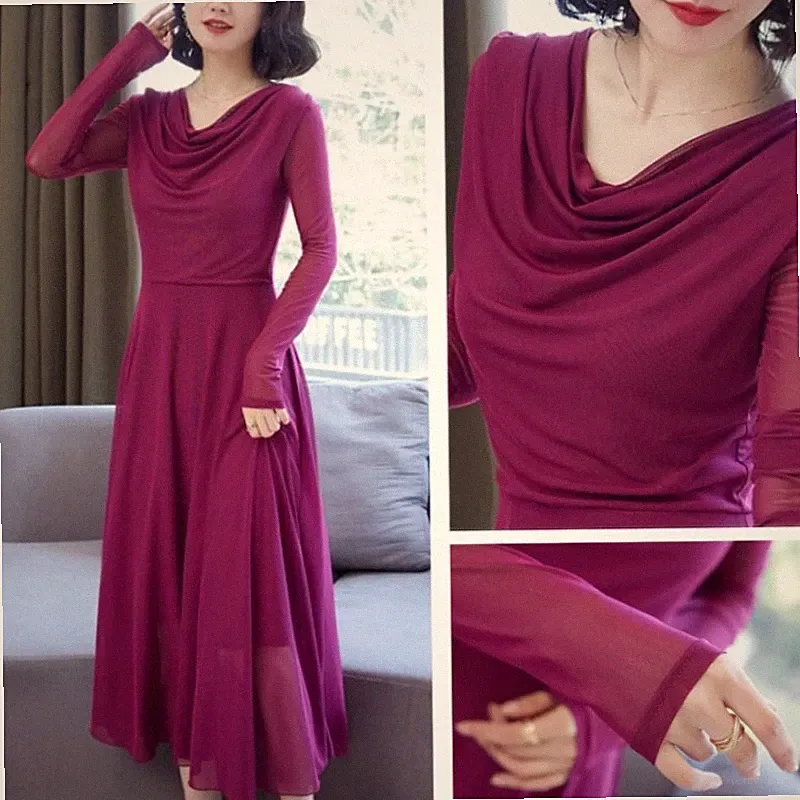 Damen Mesh Kleid Plissiert Langarm Midi Kleid A-Linie Party Halb Kleid Elegant
