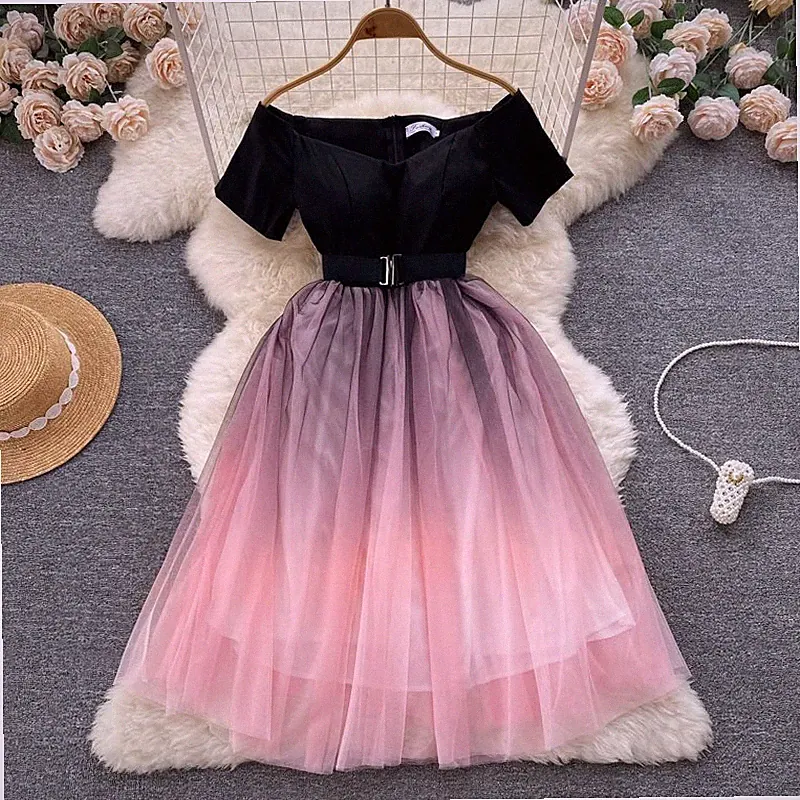 Damen Mesh Schulterfrei Kleid Pink Midi A-Linie Tailliert Prinzessin Party