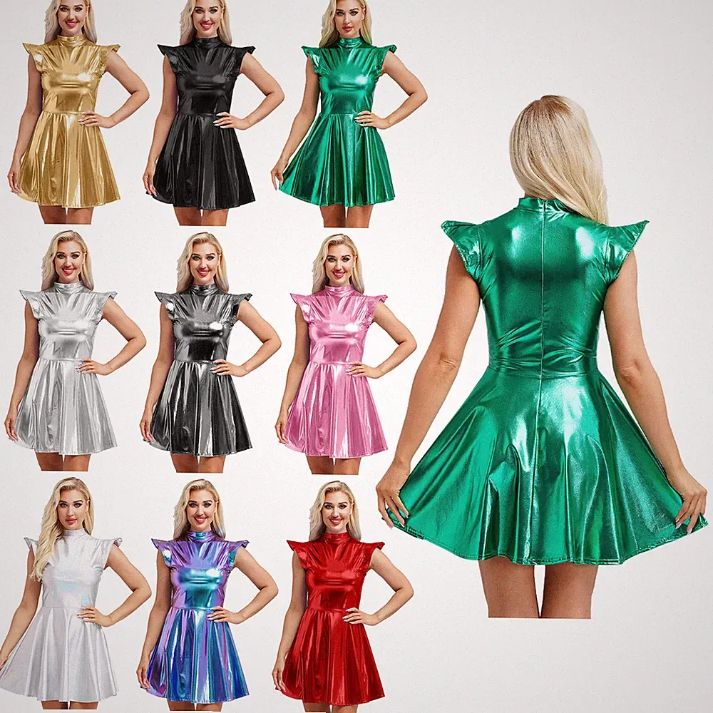 Damen Metallic Glänzend Minikleid Halloween Cosplay Kostüm A-Linien Kleid Party