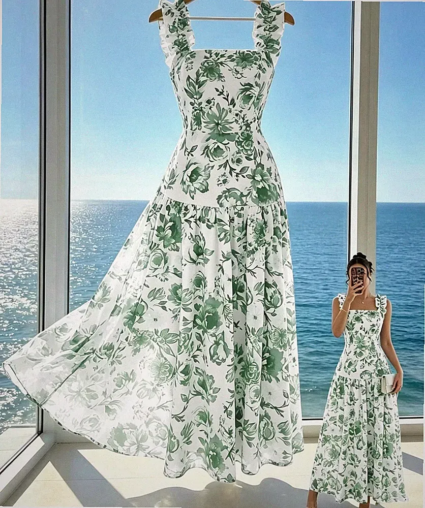Damen Midi A-Linien-Kleid rückenfrei ärmellos Blumenmuster weiß/grün M