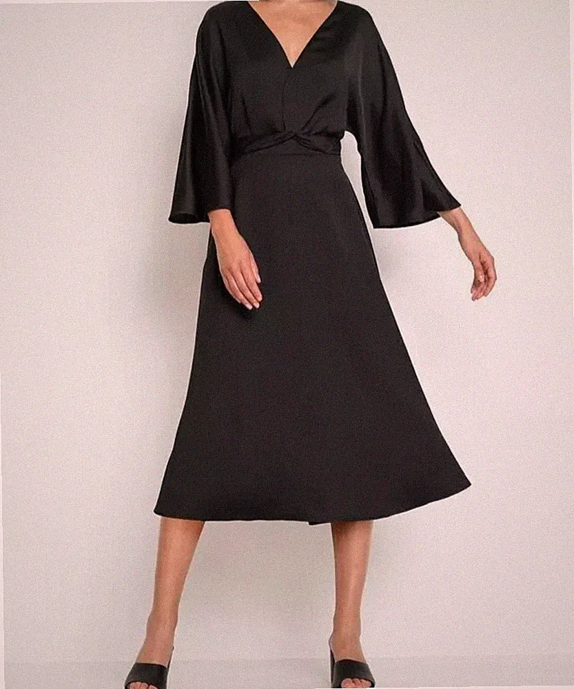 Damen Midi Abend Kleid schwarz Fledermaus Arm 36 38 40 42 44 46 48 neu 418