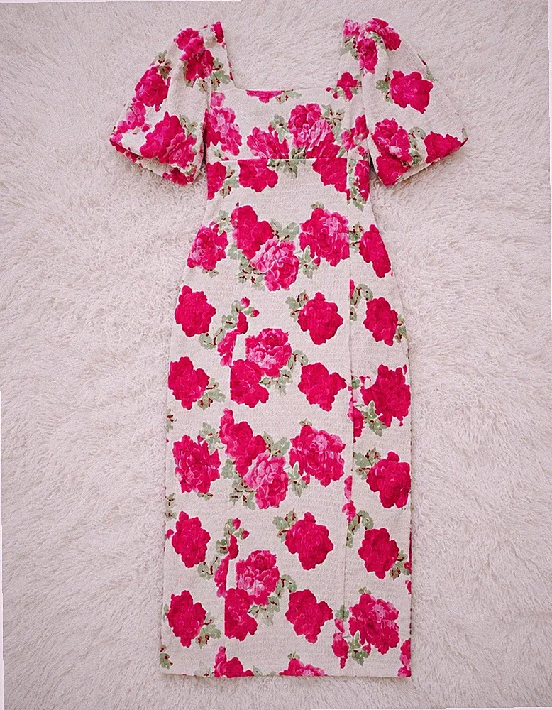 Damen Midi Etuikleid weiß/rosa/grün Blumenmuster Puffärmel Rüschen S