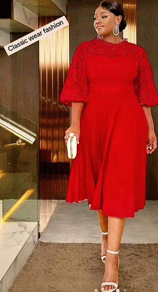 Damen Midi-Kleid A-Linie Spitze Ballonärmel Halbarm Rundhals Rot M