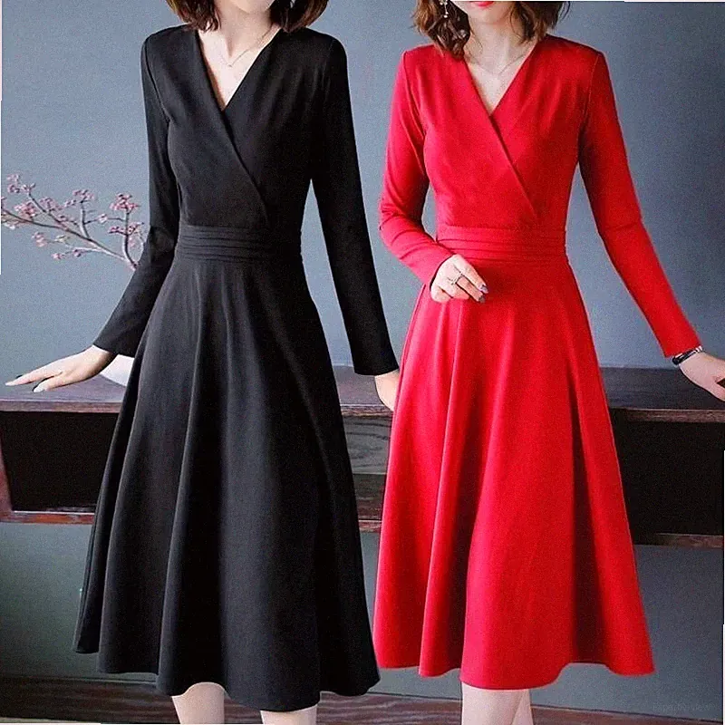 Damen Midi Kleid A-Linie V-Ausschnitt Bankett Party Ball Clubwear Neues Jahr Rot