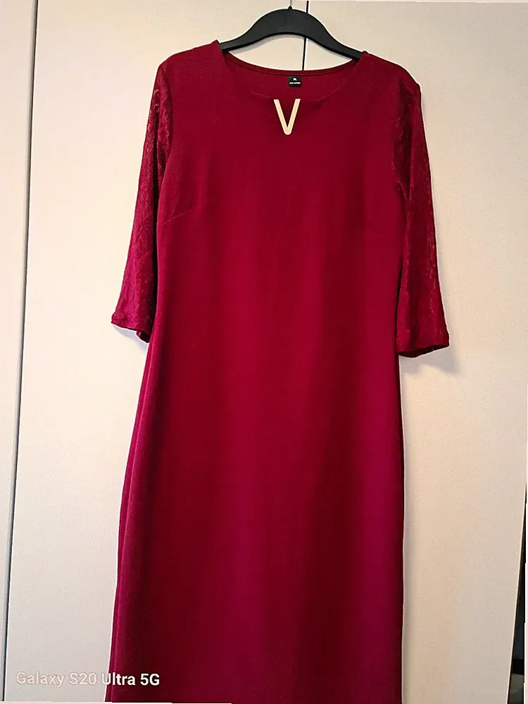 Damen Midi Kleid Bordeauxrot Etuikleid Spitze V-Ausschnitt 3/4-Ärmel XL