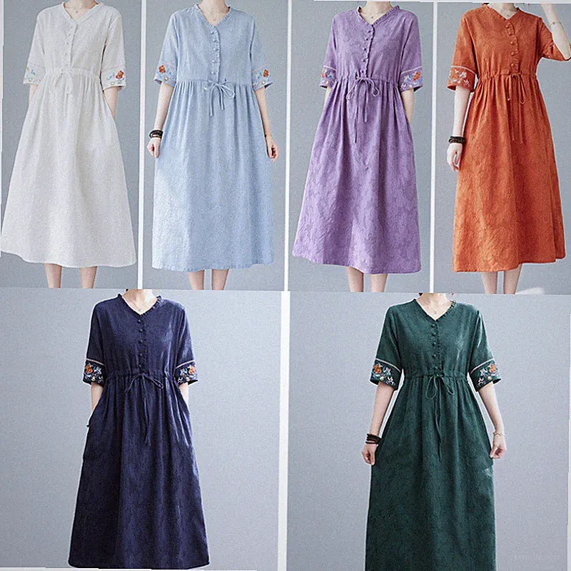 Damen Midi Kleid Ethnische Blumen Stickerei Locker Freizeit Baggy Mit Retro