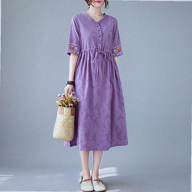 Damen Midi Kleid Ethnische Blumen Stickerei Locker Freizeit Kordelzug Kurzärmlig