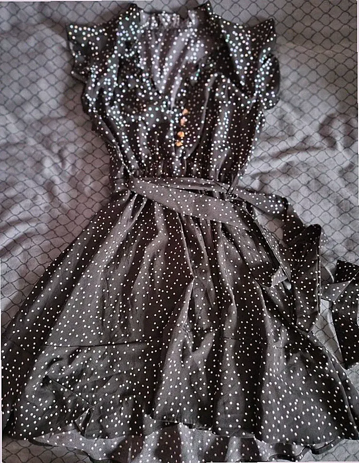 Damen Midi Kleid gepunktet Schwarz/Weiß A-Linie V-Ausschnitt Gürtel 38
