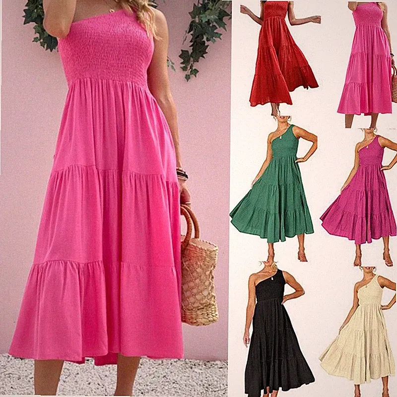 Damen Midi Kleid One Shoulder Ärmellos Party Cocktail Talen Rüschen A-Linie